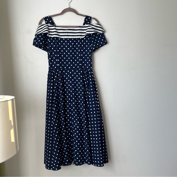 Vintage 80s 90s Stuart Alan Petites Navy Polkadot Pin Up A-line Midi Dress 10P - Picture 4 of 5